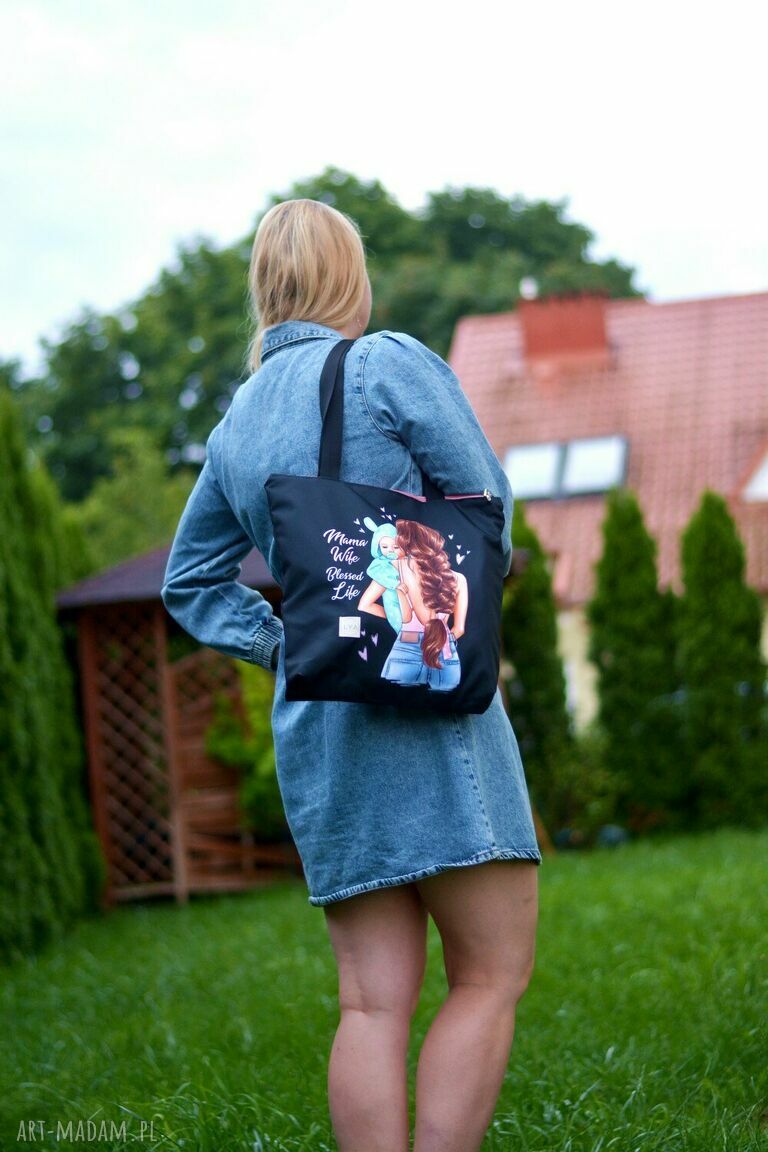 Duża wodoodporna torba shopper na ramię dla mamy - ręcznie szyta