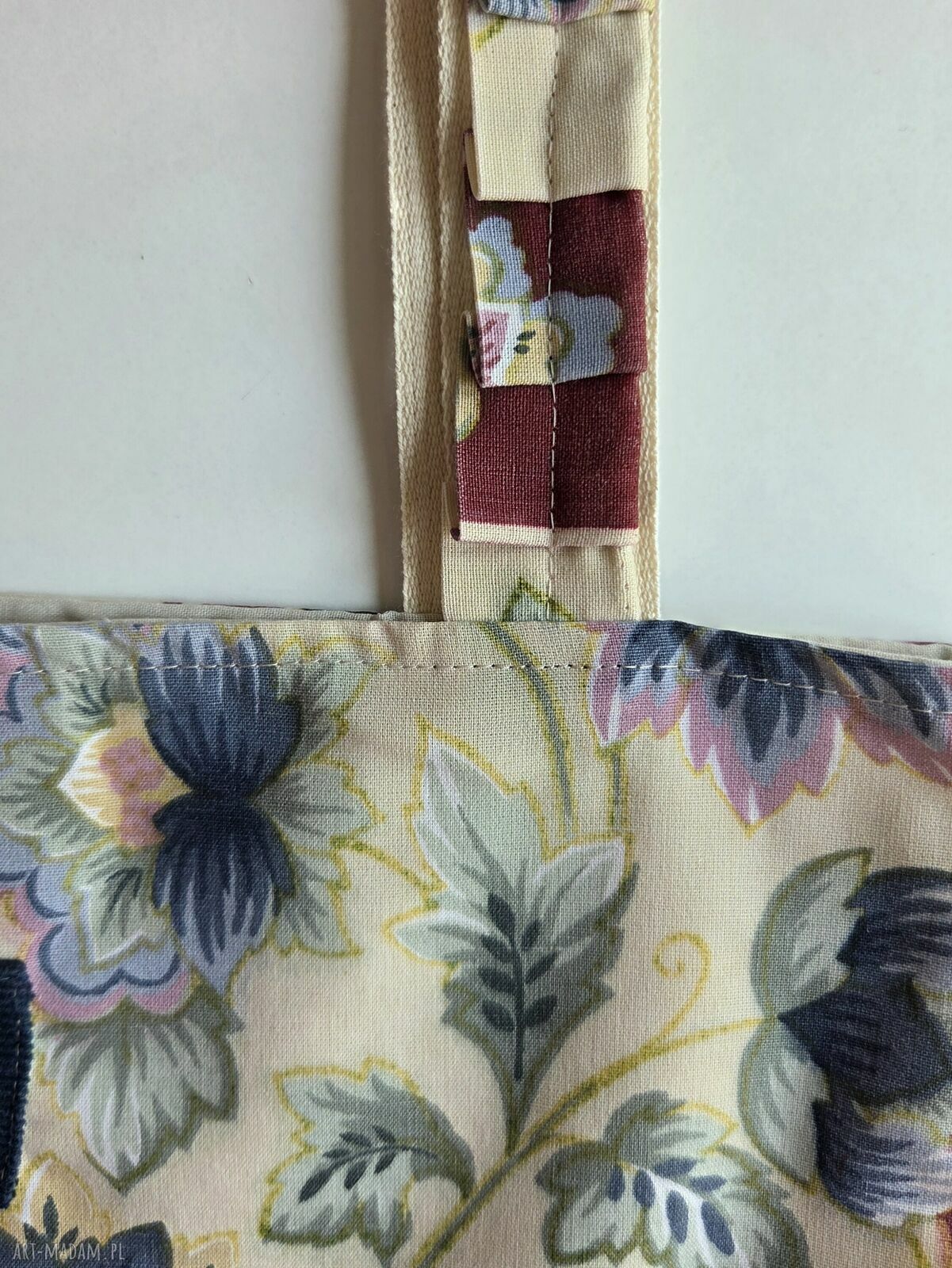 Torba shopper A4 w kwiaty - granatowa, ręcznie szyta z upcyklingu