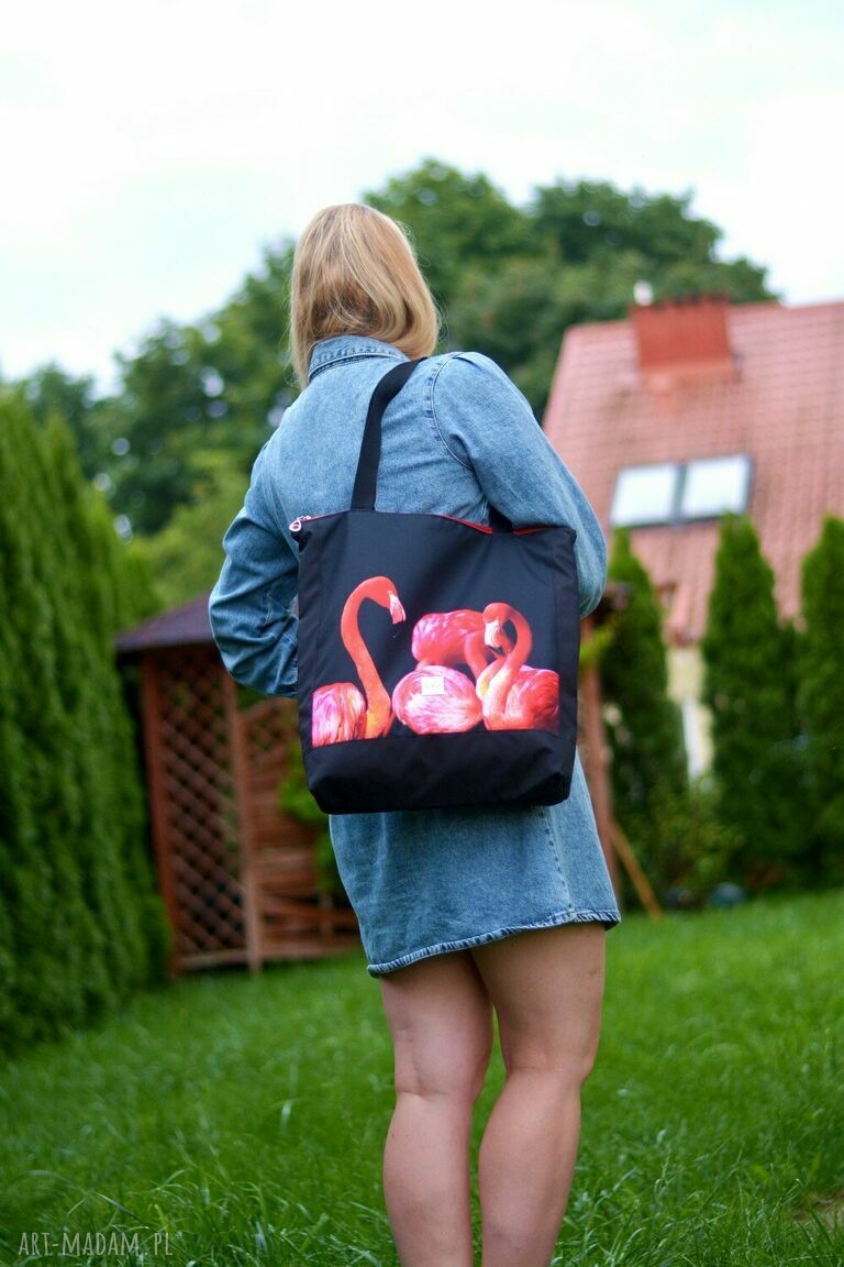 Duża torba shopper wodoodporna z flamingami na ramię