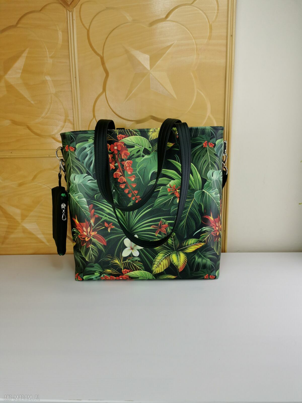 Torebka shopper na ramię w kwiaty z kosmetyczką i portfelikiem