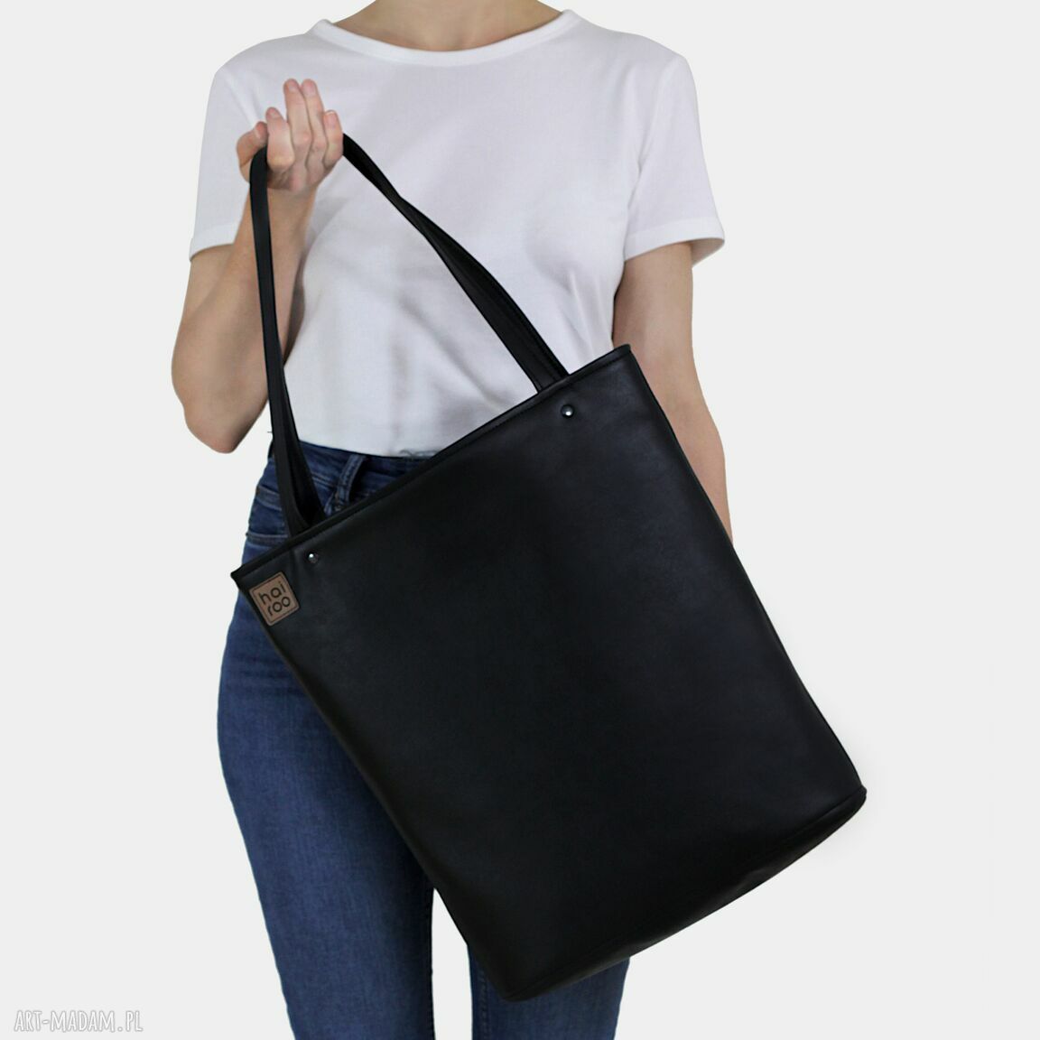 Shopper XL na ramię - czarna torba na zamek vegan