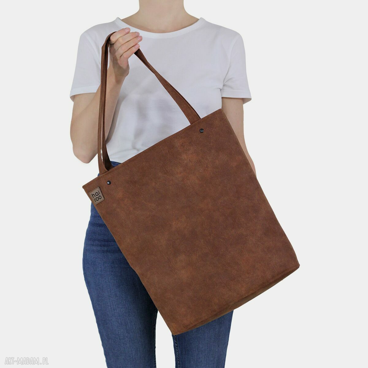 Shopper XL ruda torba na ramię z zamkiem - vegan ekoskóra