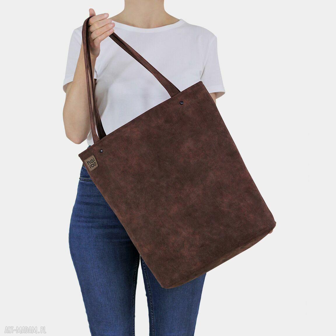 Shopper XL kasztanowa na zamek - vegan, mieści A4