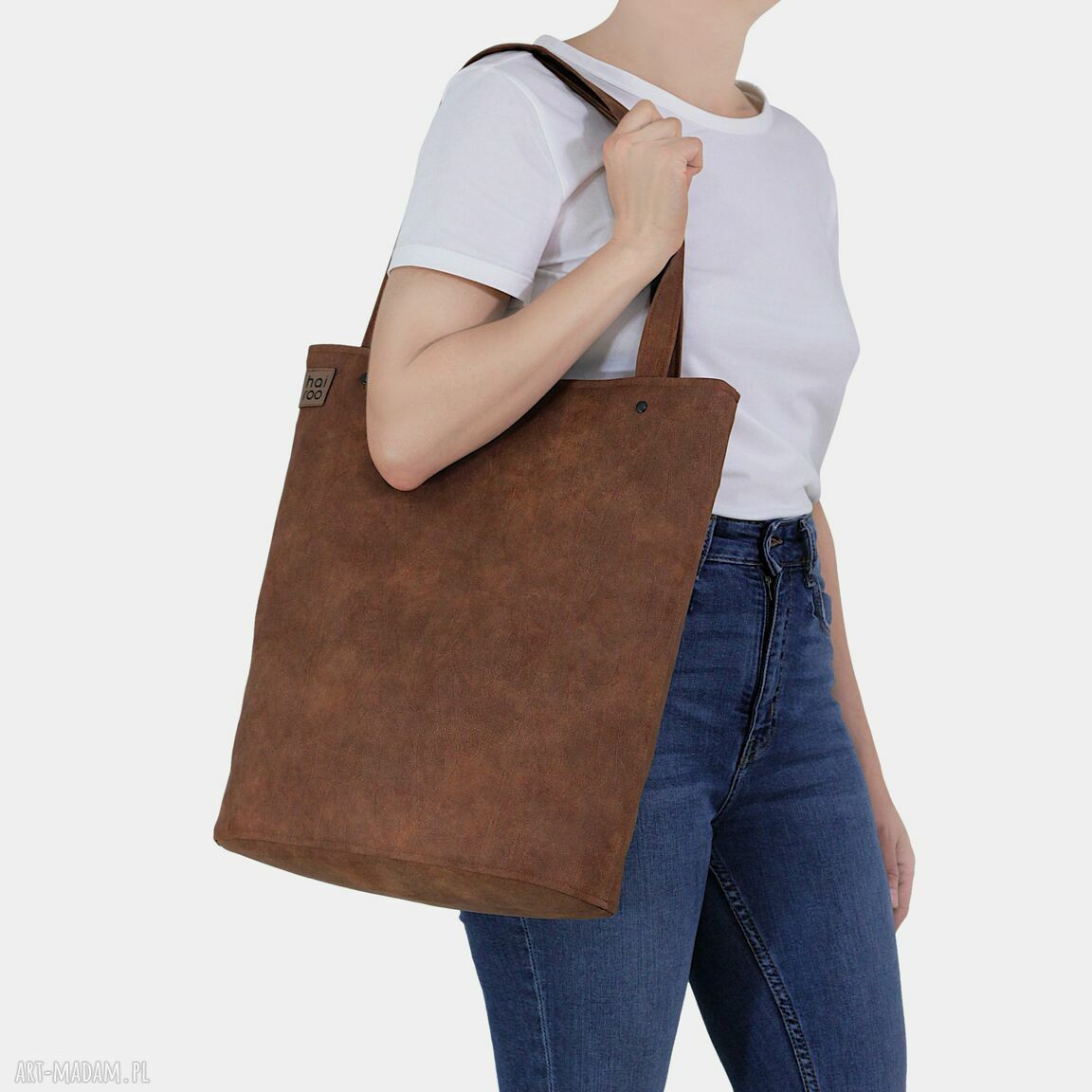 Shopper XL ruda torba na ramię z zamkiem - vegan ekoskóra