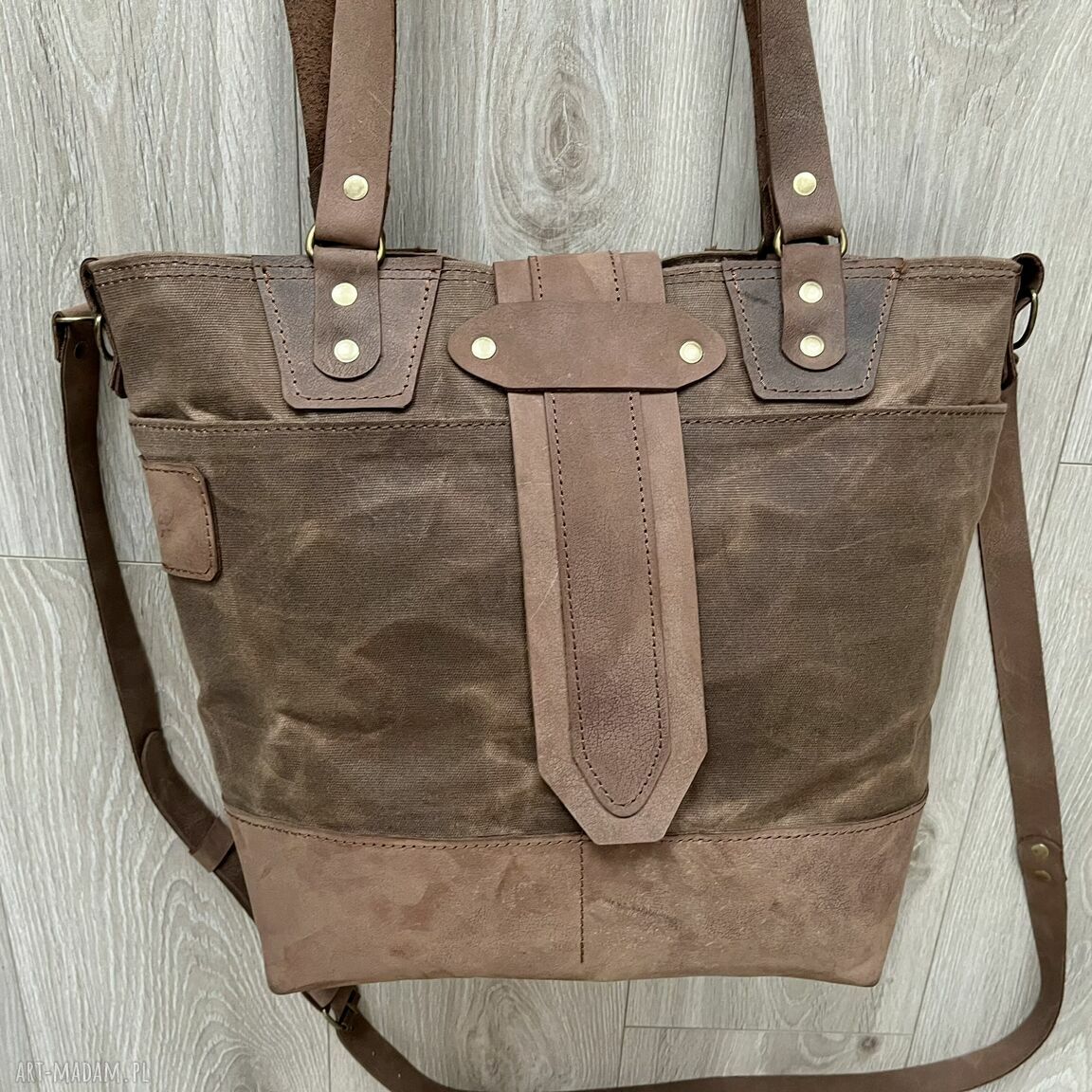 Torebka Shopperka ze skóry i bawełny woskowanej brązowa - Vintage