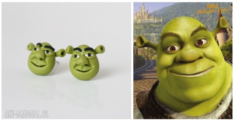Shrek - maleńkie kolczyki wkręty, ręcznie robione z Fimo