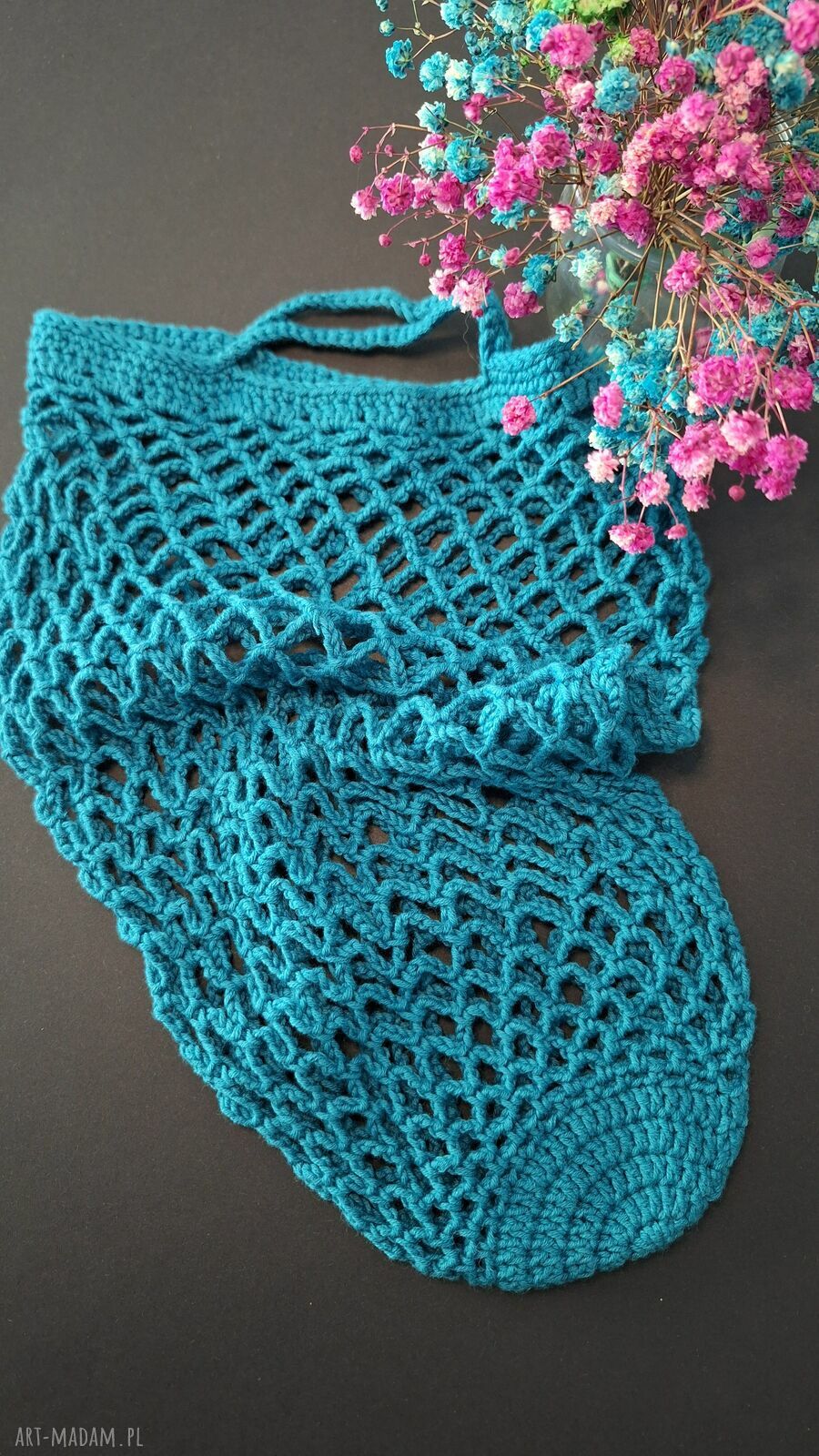 Siatka na zakupy turkusowa - mała do ręki, robiona na szydełku handmade