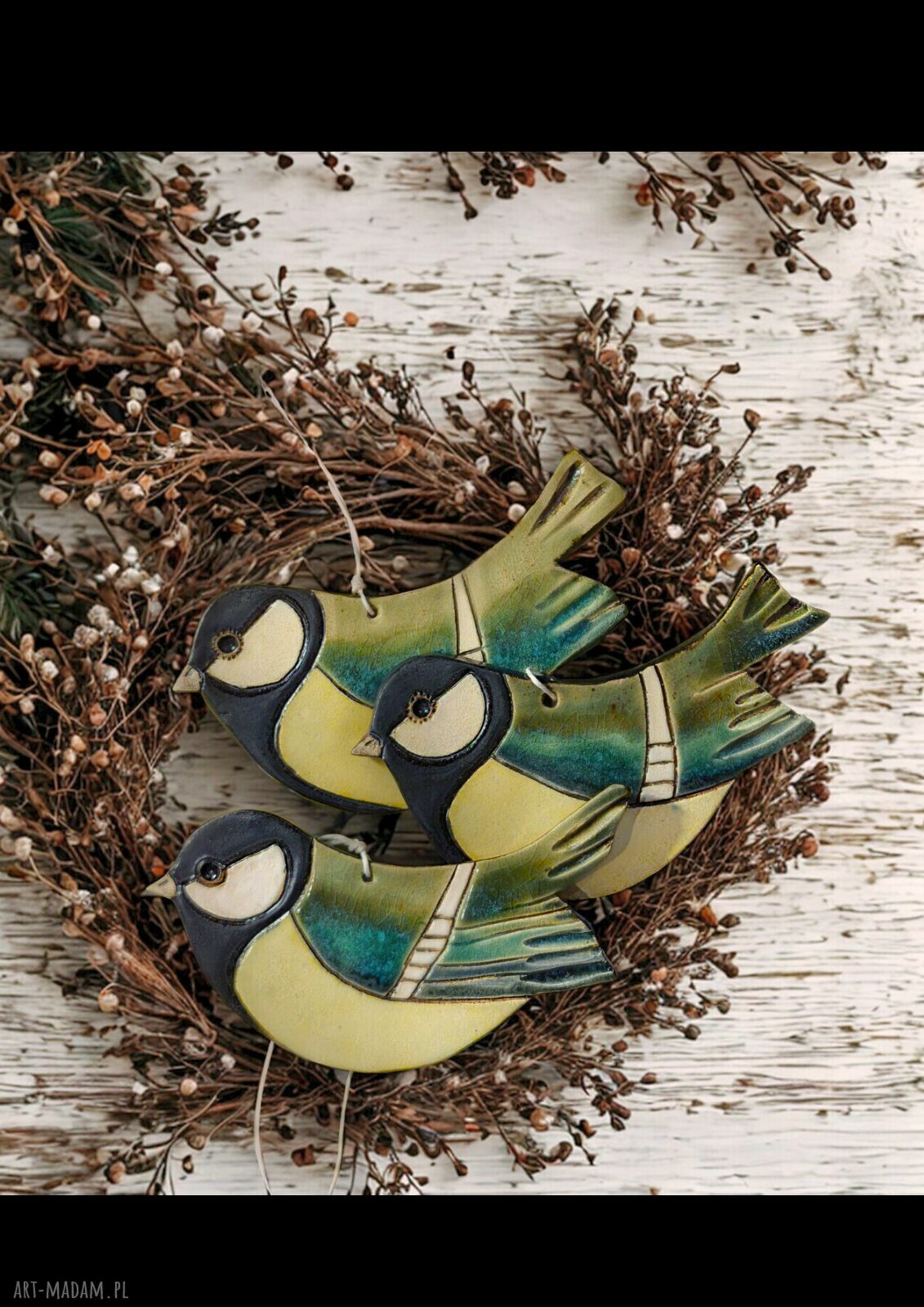 Sikorka ceramiczna szkliwiona - dekoracja na choinkę 11,5 x 6 cm