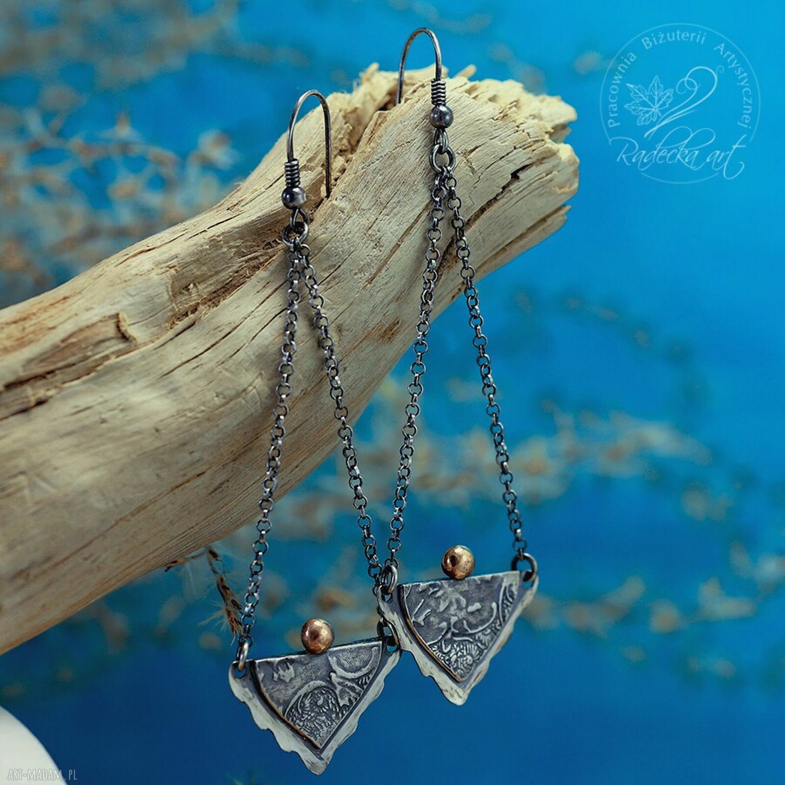 Kolczyki Silver Angels - oksydowane srebro boho z ornamentem na łańcuszkach