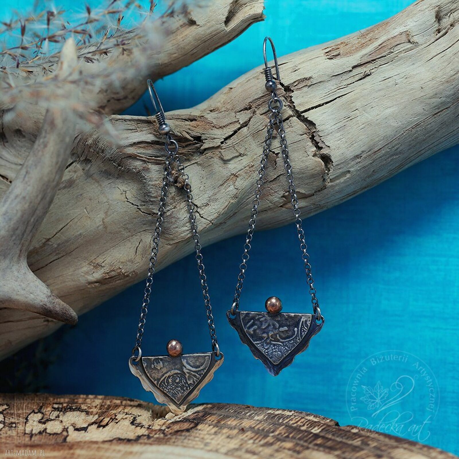 Kolczyki Silver Angels - oksydowane srebro boho z ornamentem na łańcuszkach