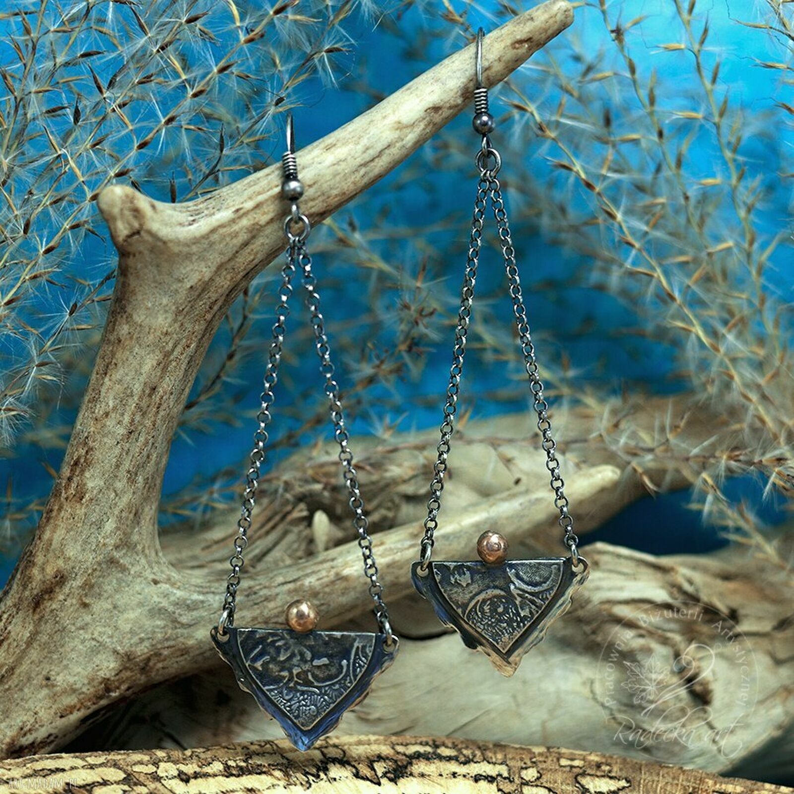 Kolczyki Silver Angels - oksydowane srebro boho z ornamentem na łańcuszkach