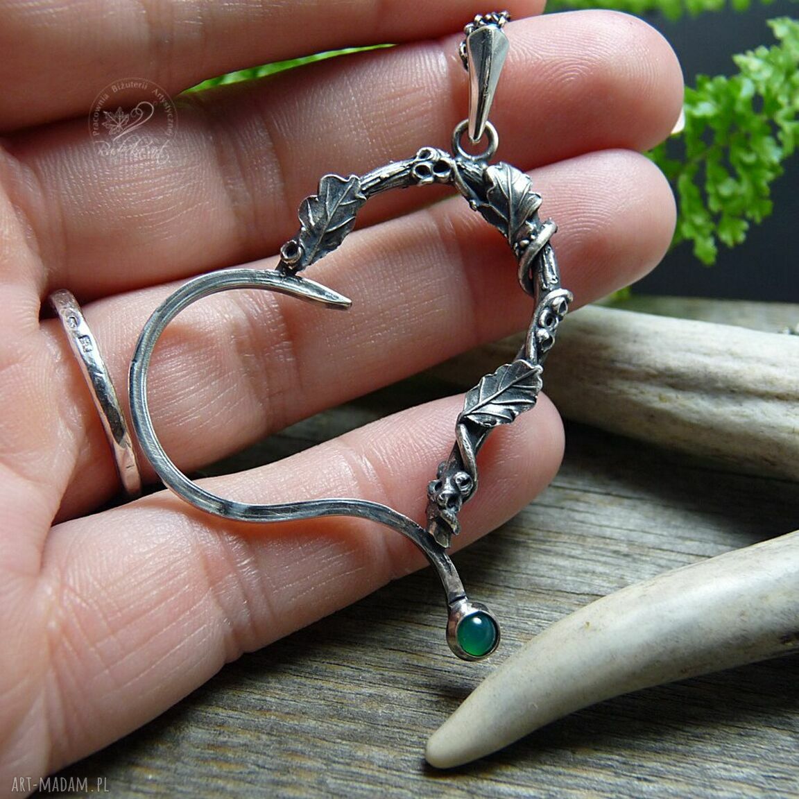 Srebrny naszyjnik Silver Heart & Oak leaf z zielonym onyksem - oksydowane srebro 999 i 925
