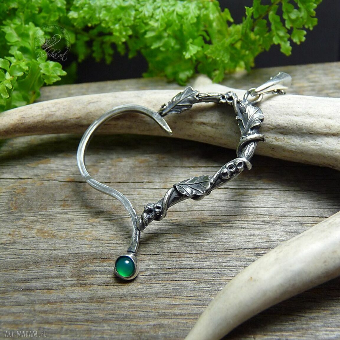 Srebrny naszyjnik Silver Heart & Oak leaf z zielonym onyksem - oksydowane srebro 999 i 925