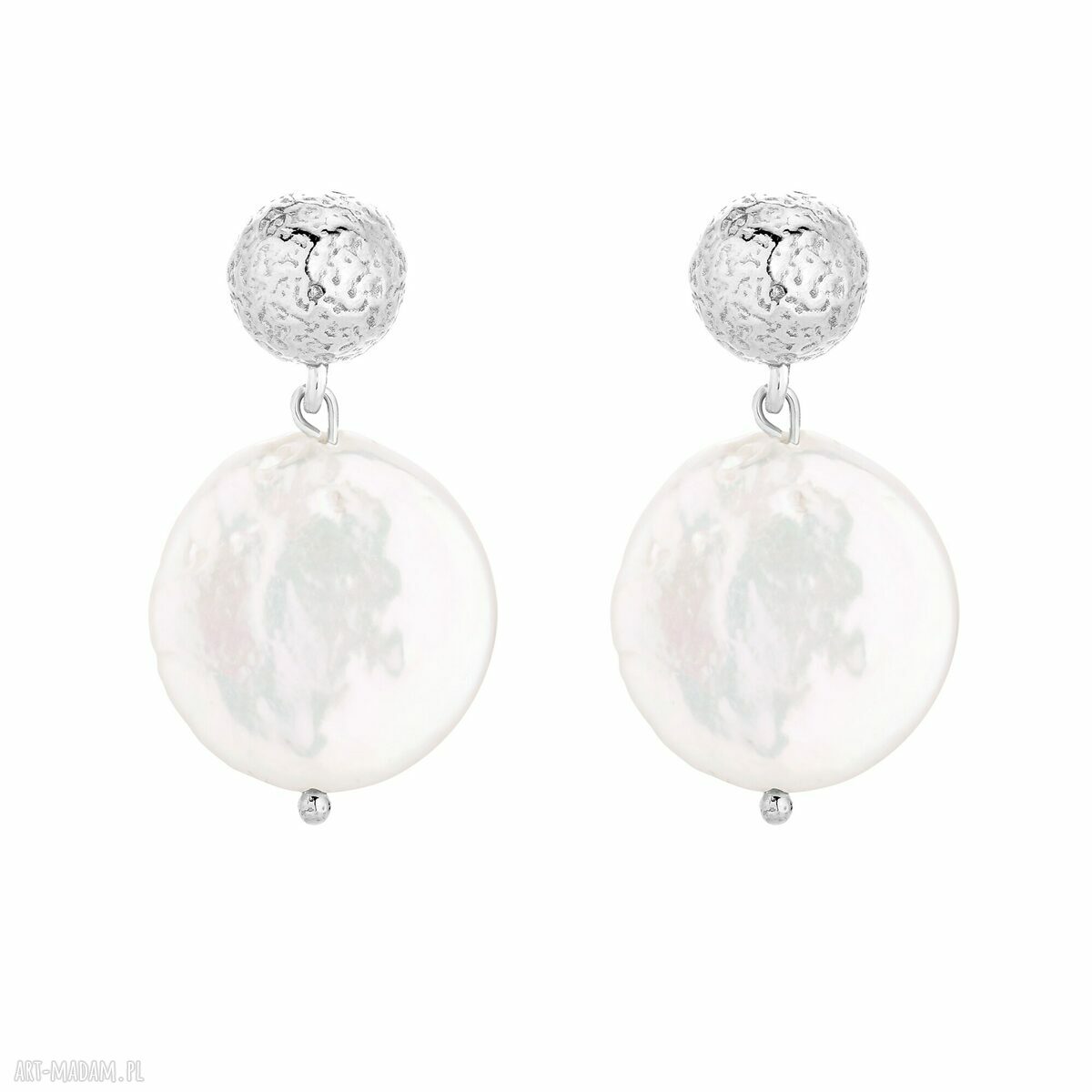 Srebrne kolczyki dużymi płaskimi perłami wiszące perełki