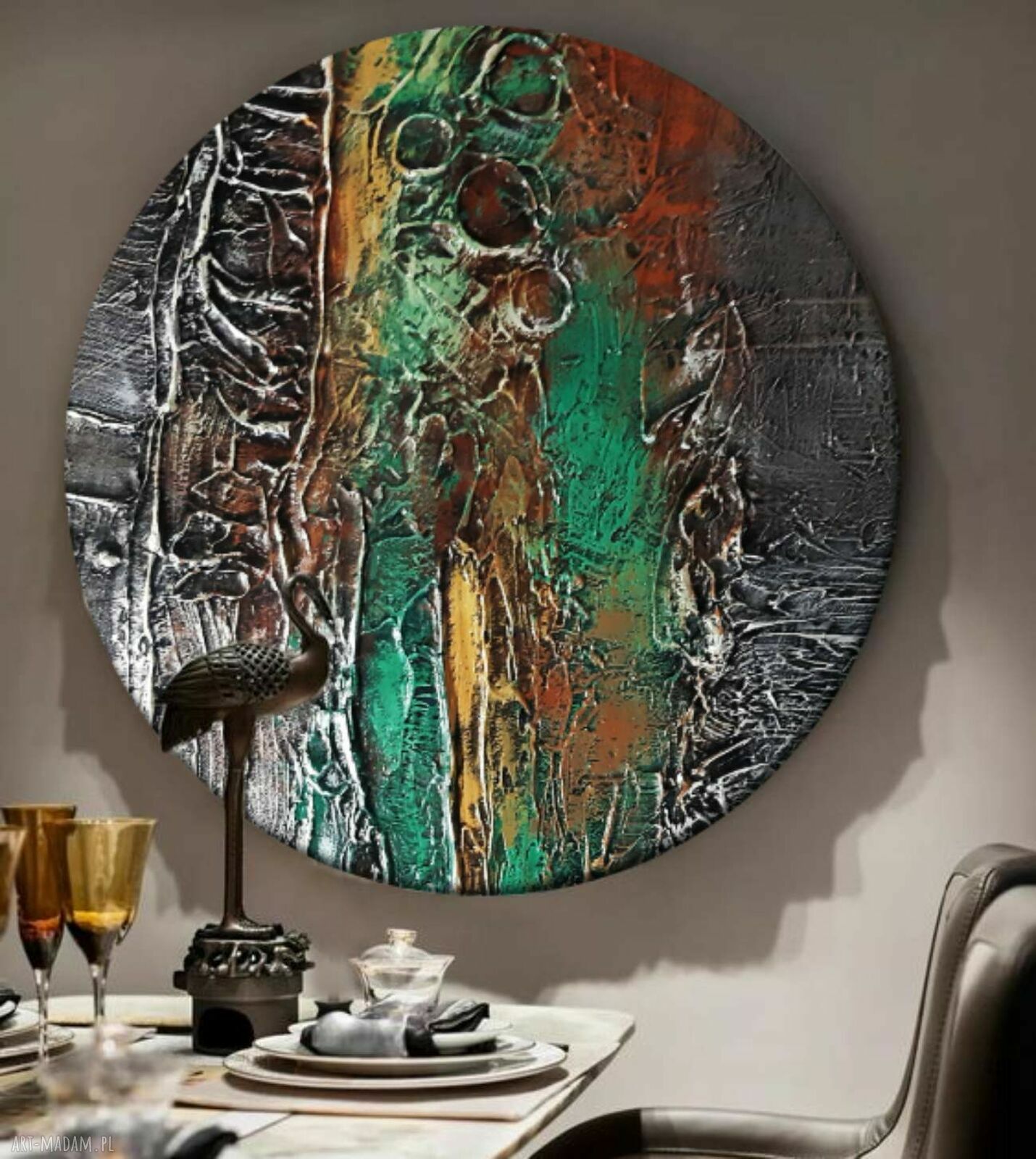 SILVERRA - okrągły obraz strukturalny 80 cm do salonu