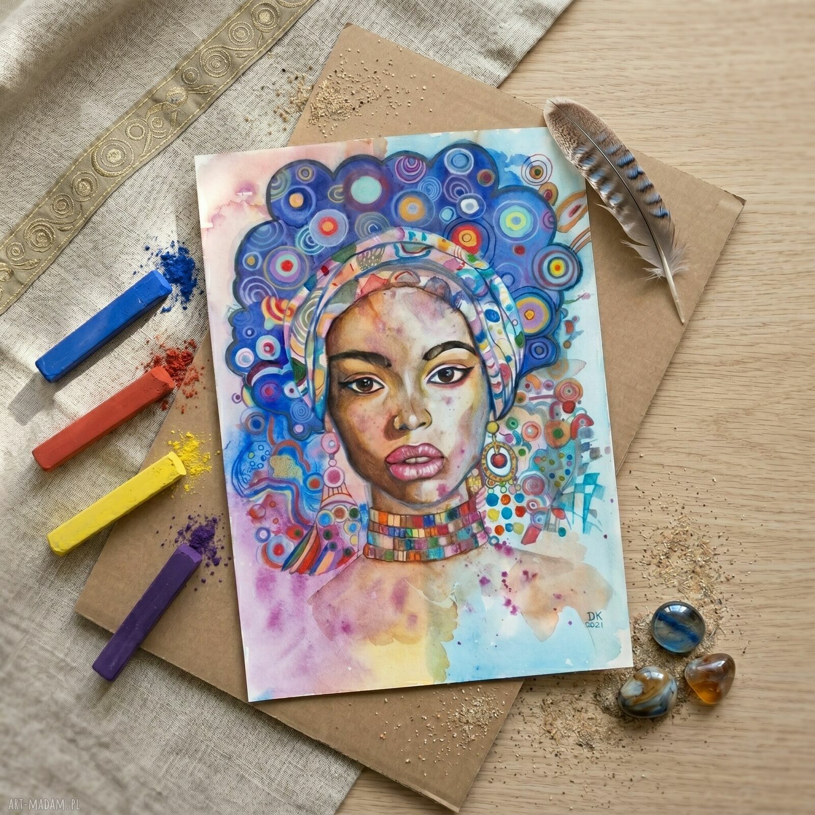 Obraz „Simone” - kobiecy portret mix media w stylu boho