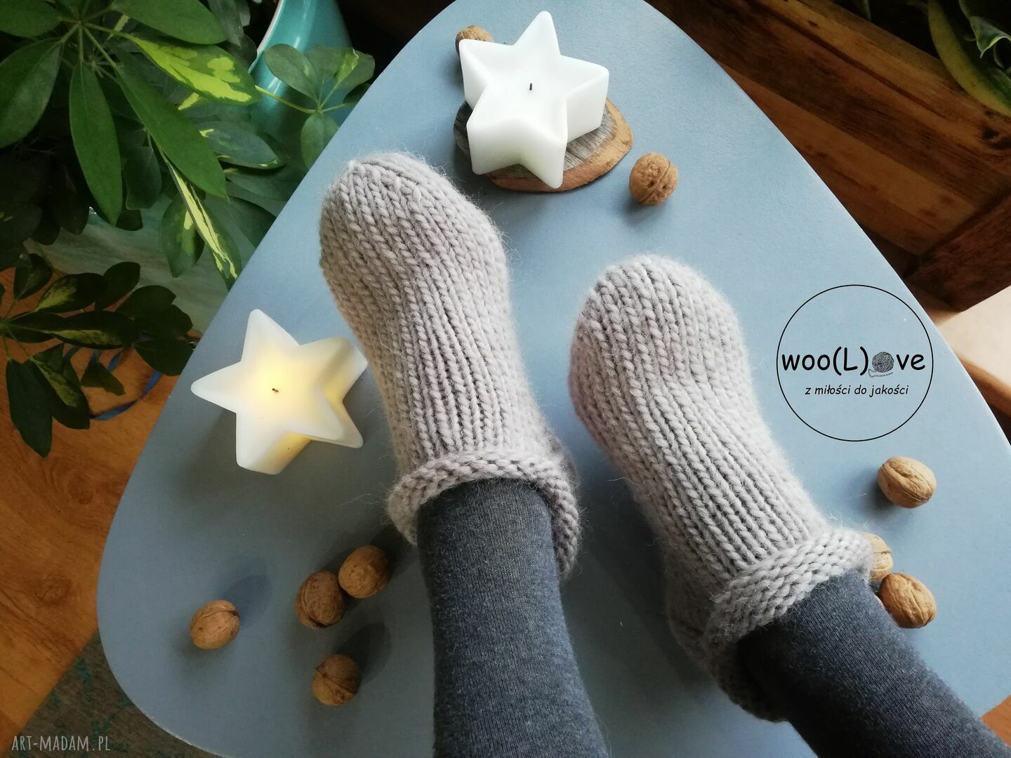 bielizna: skarpetusie kapciusie PURE WOOL JASNY BEŻ (rozmiar 38/39) Ręcznie zrobione