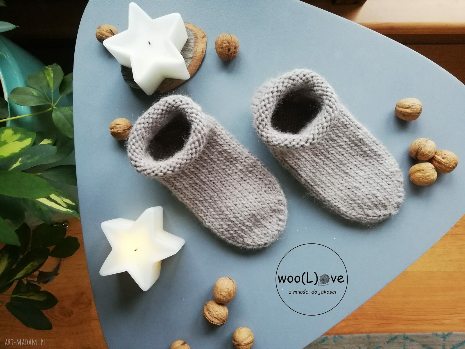 bielizna: skarpetusie kapciusie PURE WOOL JASNY BEŻ (rozmiar 38/39) Ręcznie zrobione