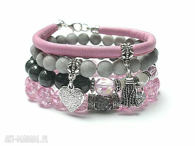 Pink and grey vol set jadeity szkło skóra rzemień komplet