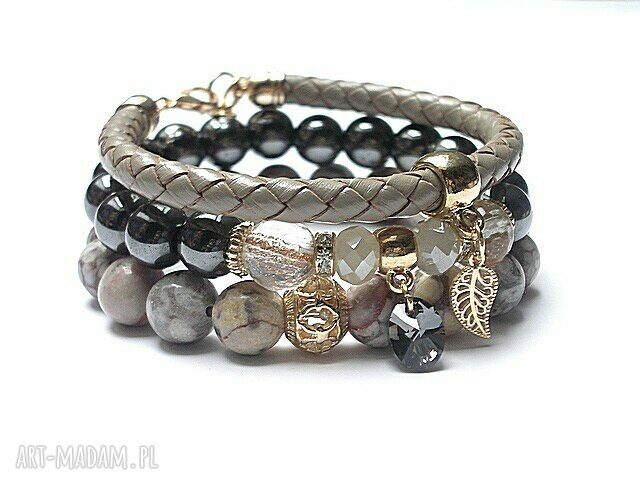 Taupe and graphite set jaspisy hematyty skóra rzemień swarovski