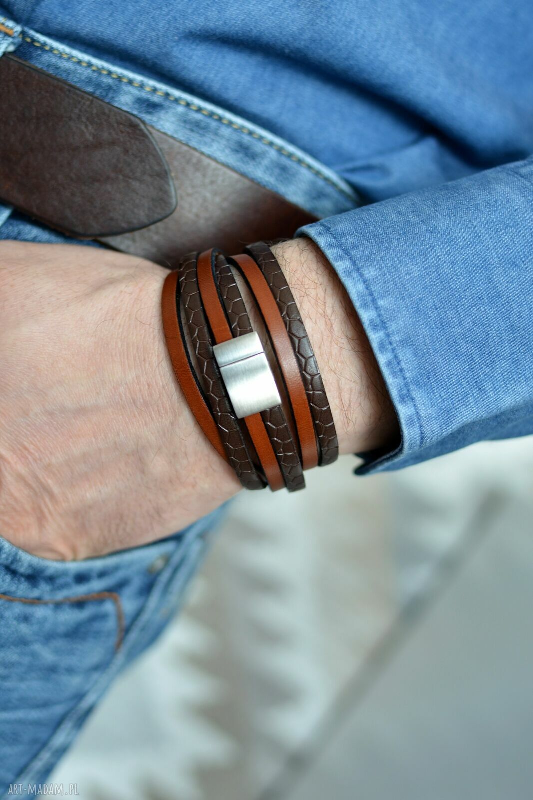 Bransoletka skórzana potrójna Alligato Satin Steel - brown