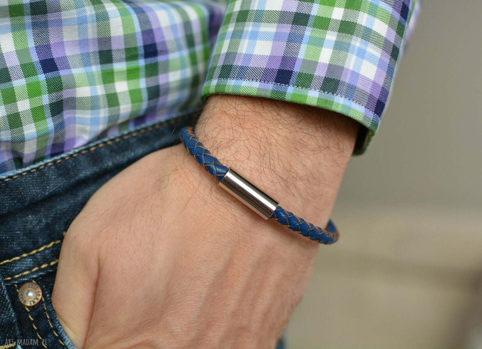 Bransoletka skórzana męska uno plait buckle steel niebieska