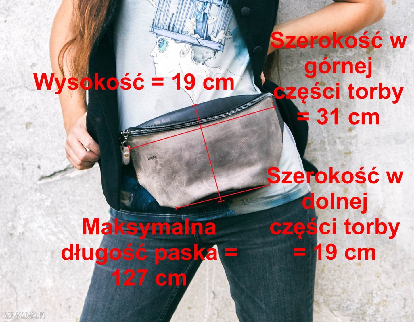 Skórzana nerka XL czarna i camelowa z regulowanym paskiem - ręcznie szyta