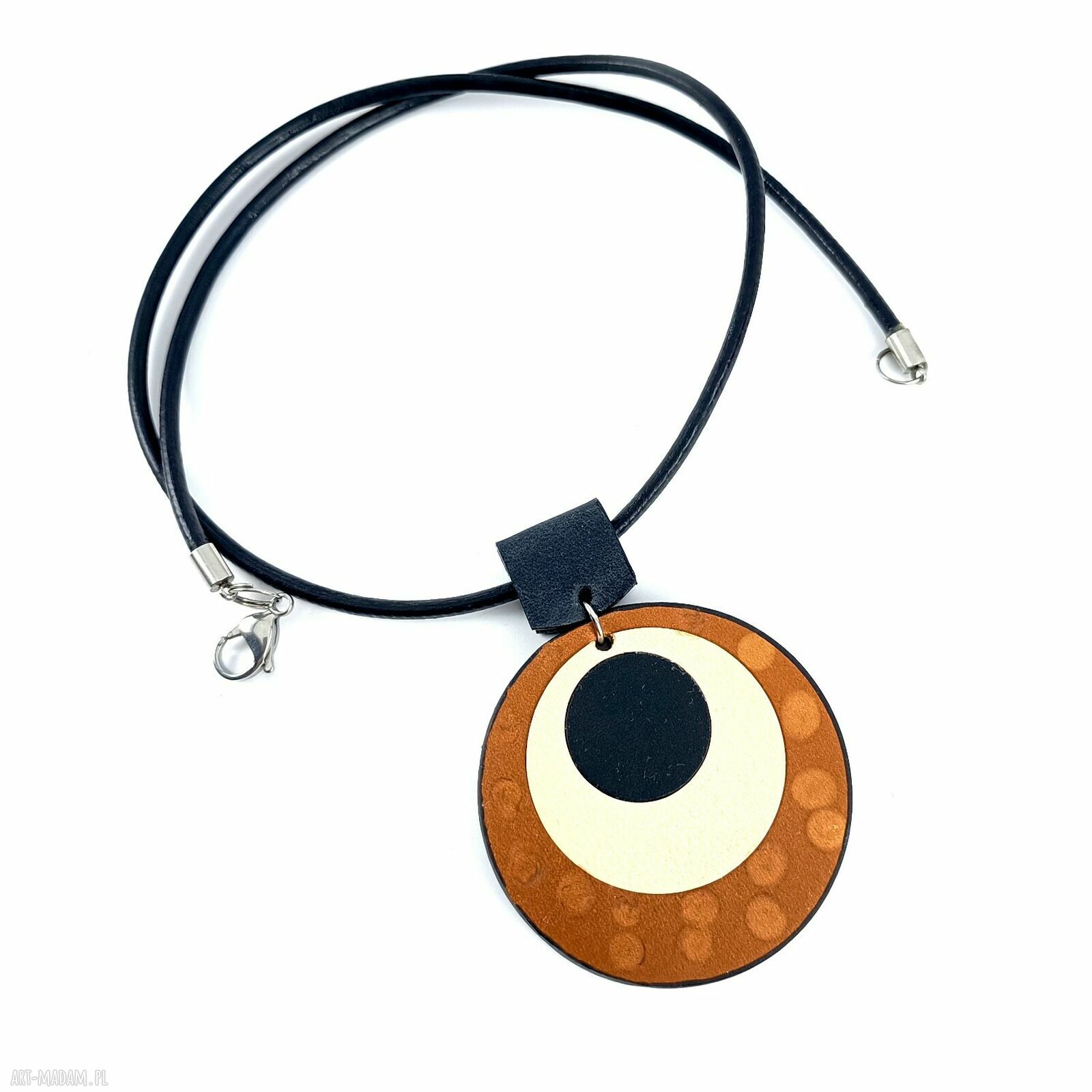 Skórzana zawieszka na rzemieniu - minimalistyczny naszyjnik handmade brąz beż czerń