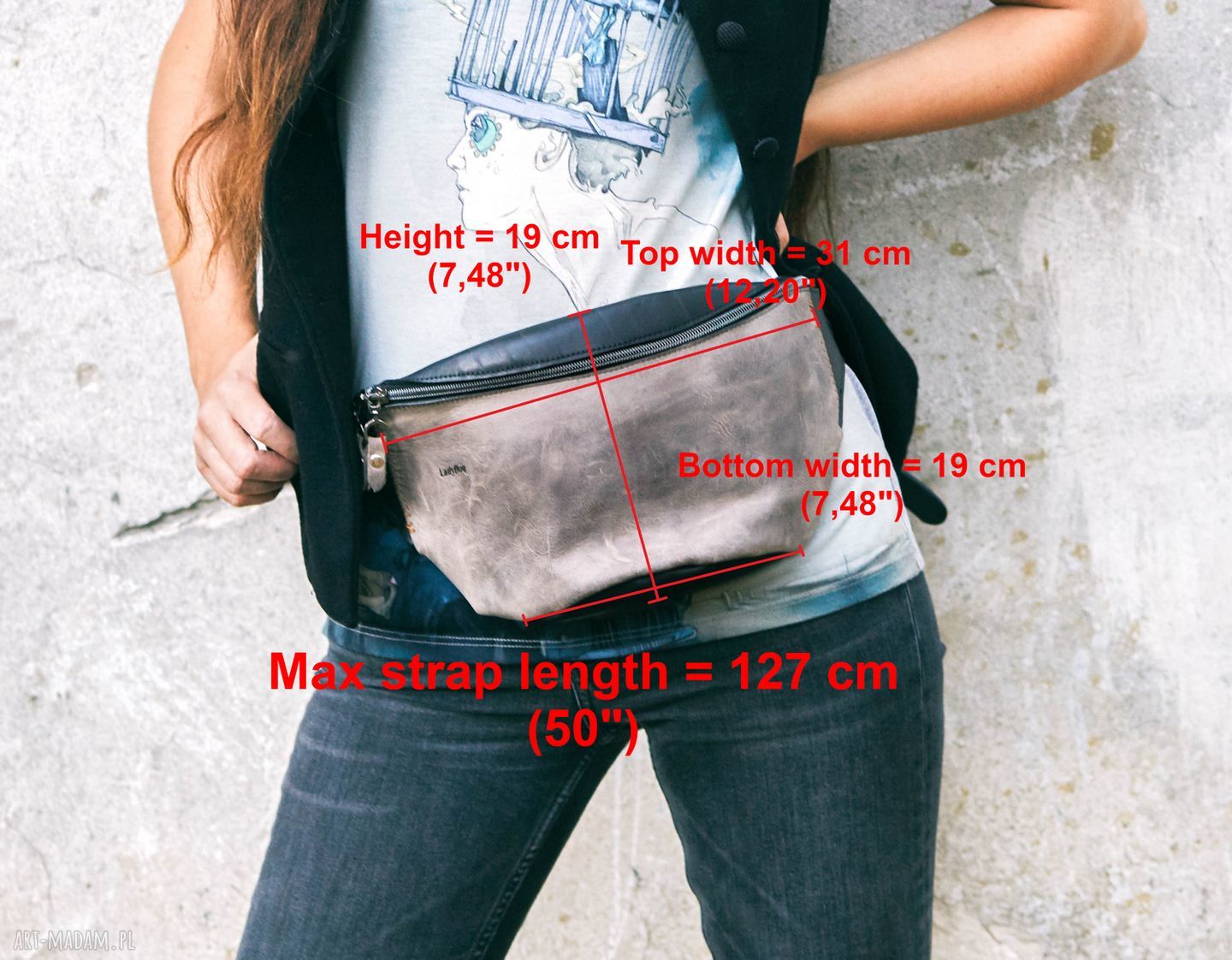 Skórzana nerka XL czarna i camelowa z regulowanym paskiem - ręcznie szyta