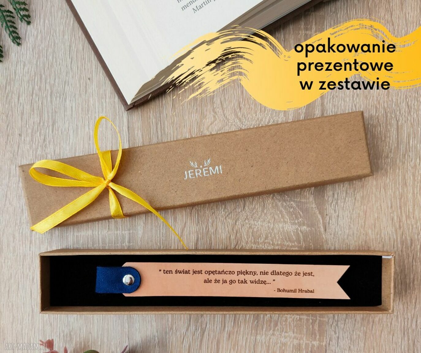 skórzana personalizowana zakładka do książki z cytatem, imieniem, napisem - grawer, laser - beżowa