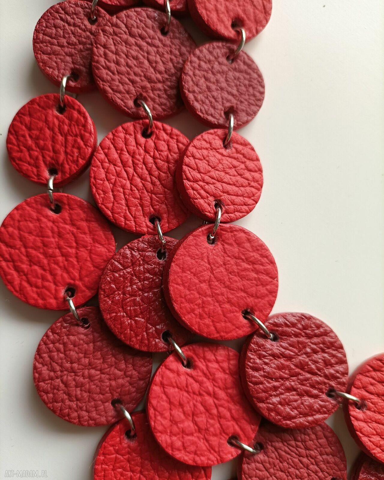 Czerwony skórzany naszyjnik warstwowy z naturalnej skóry - stal chirurgiczna (hand made)