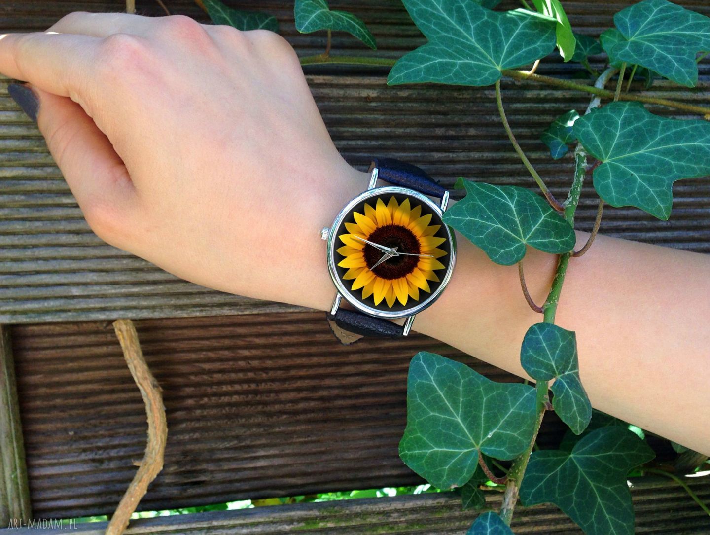 Słonecznik - skórzany zegarek z dużą tarczą 36 mm