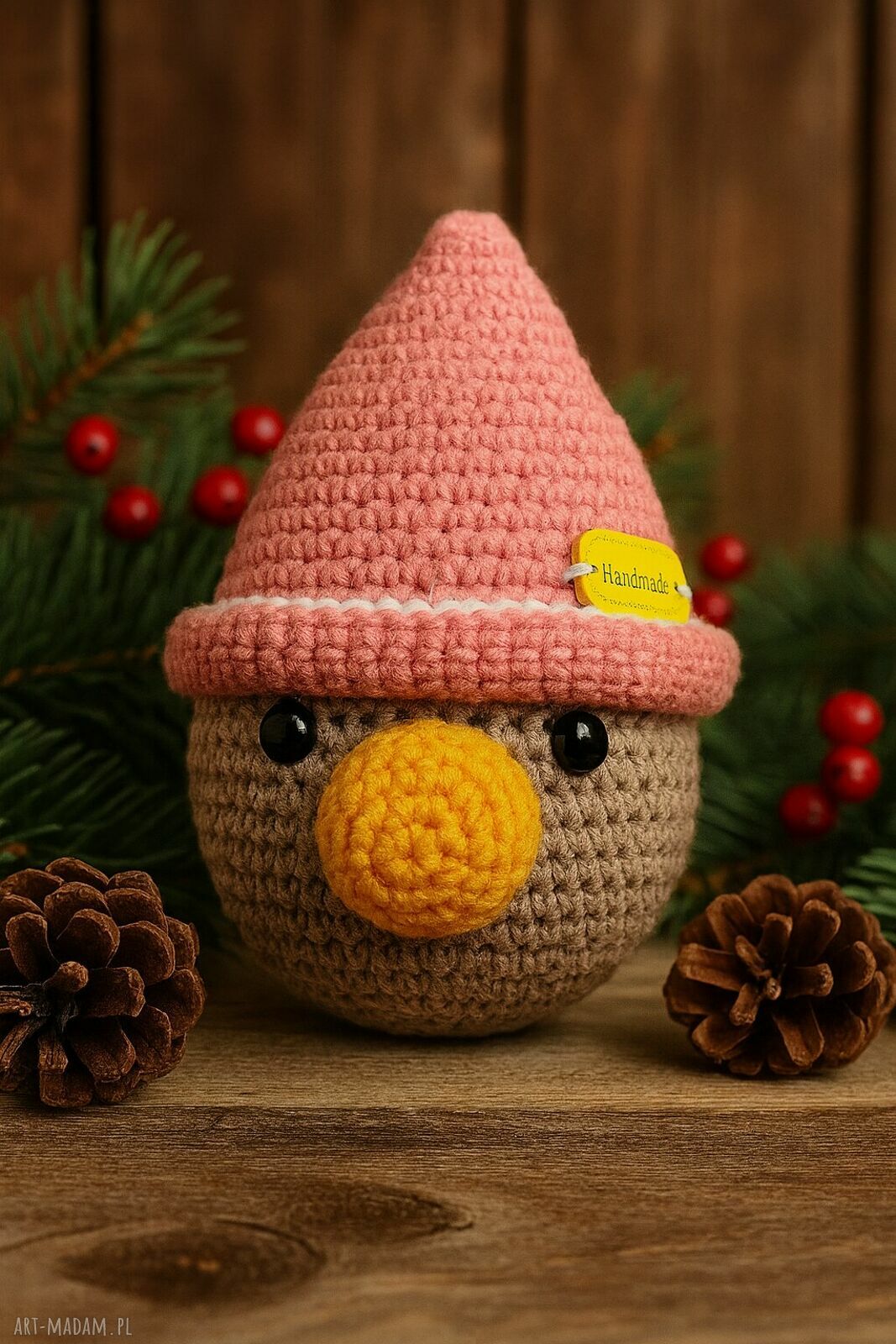 Skrzat szydełkowy z różowym kapeluszem 10x13 cm - handmade