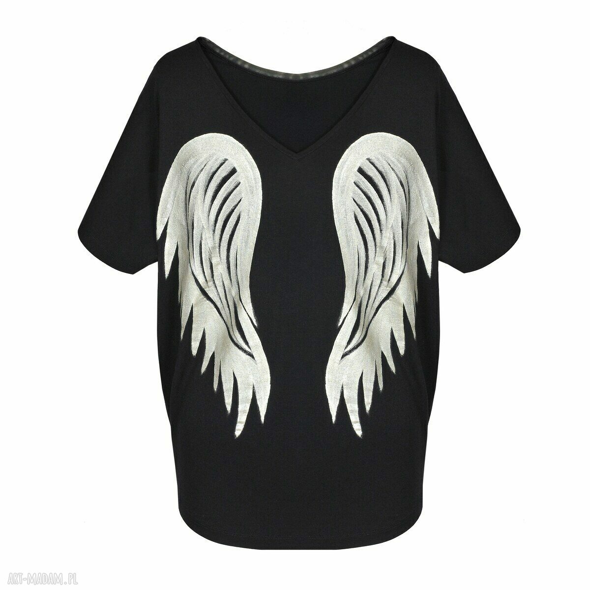 Czarna bluzka one size „Skrzydła Black Angel” - ręcznie malowane skrzydła