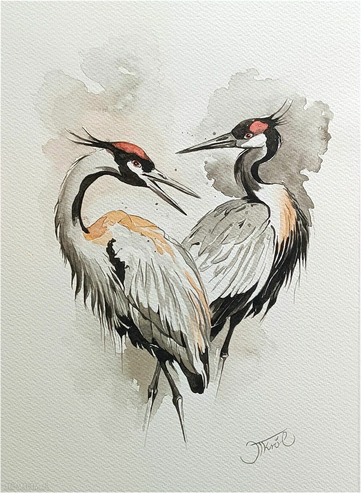 Skrzydła uczuć - oryginalna akwarela z żurawiami 24x32