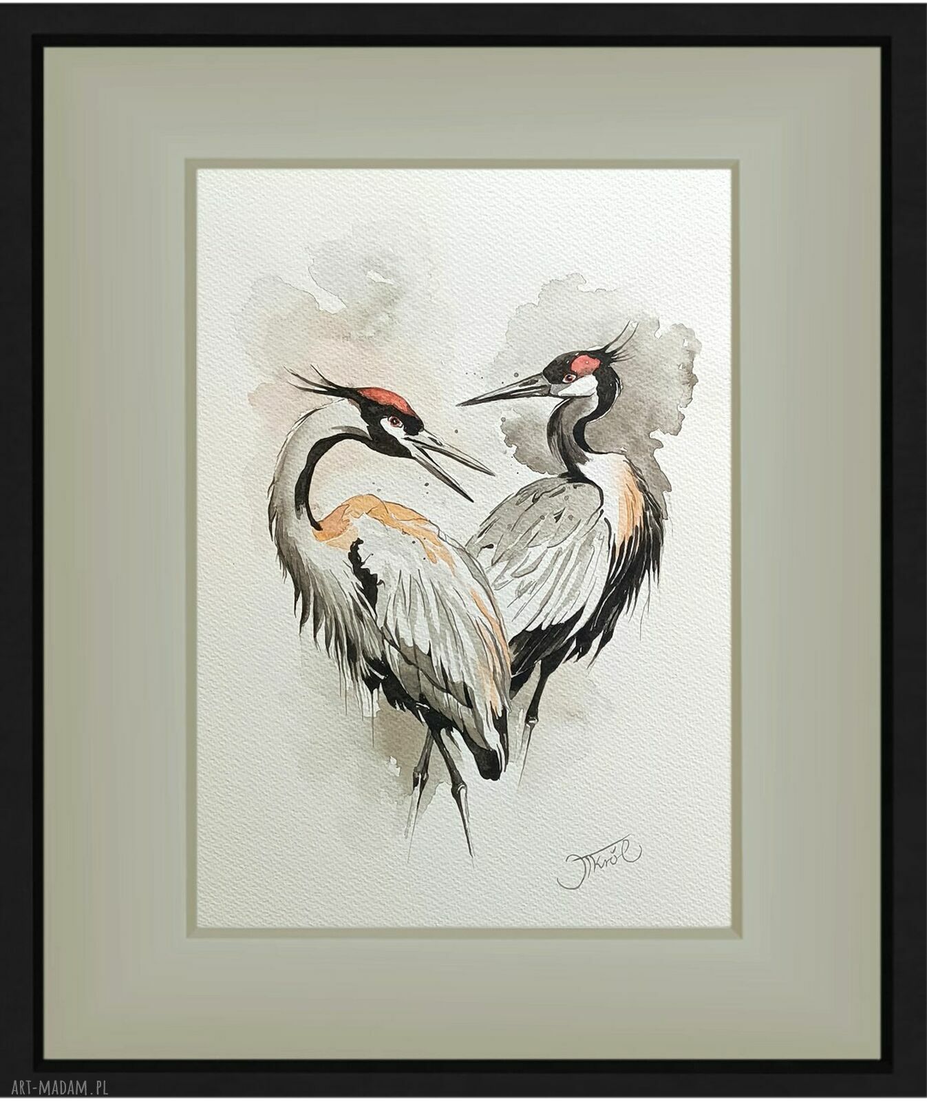 Skrzydła uczuć - oryginalna akwarela z żurawiami 24x32