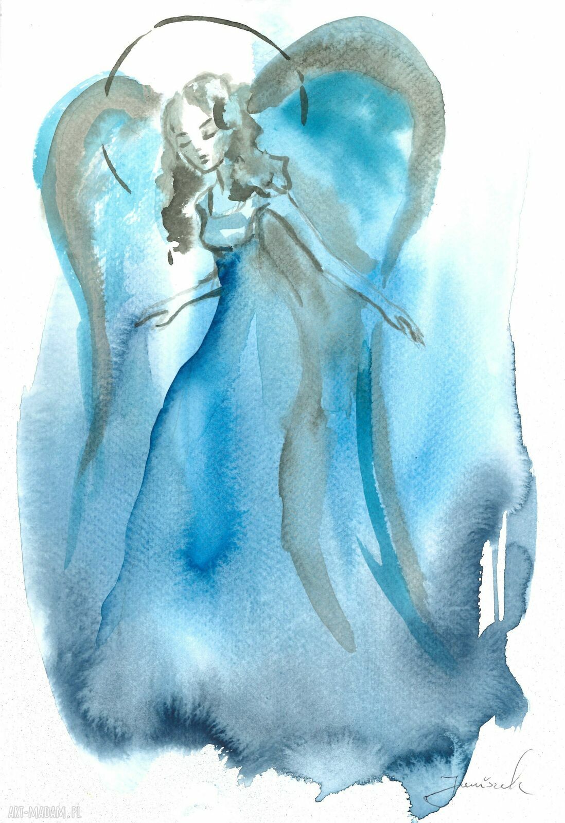 Skrzydlate z błękitu - ręcznie malowana grafika anioła 30 x 21 cm
