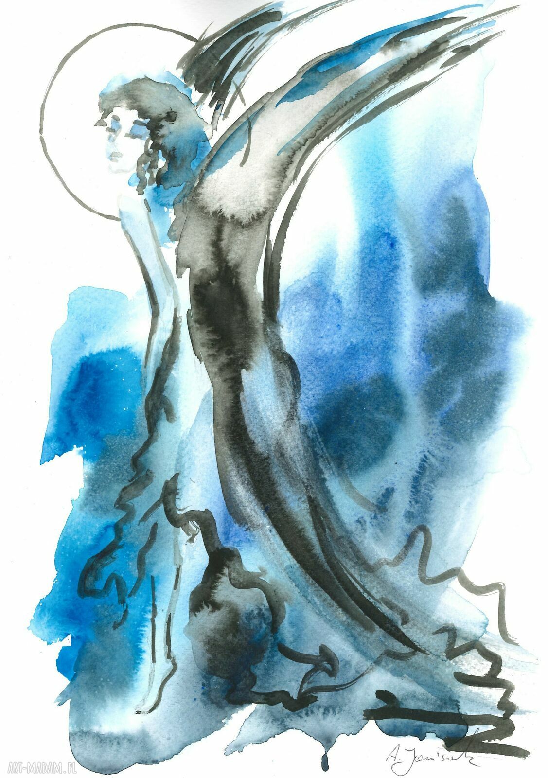 Skrzydlate z błękitu - anielska grafika ręcznie malowana akwarelą i tuszem 30x21 cm