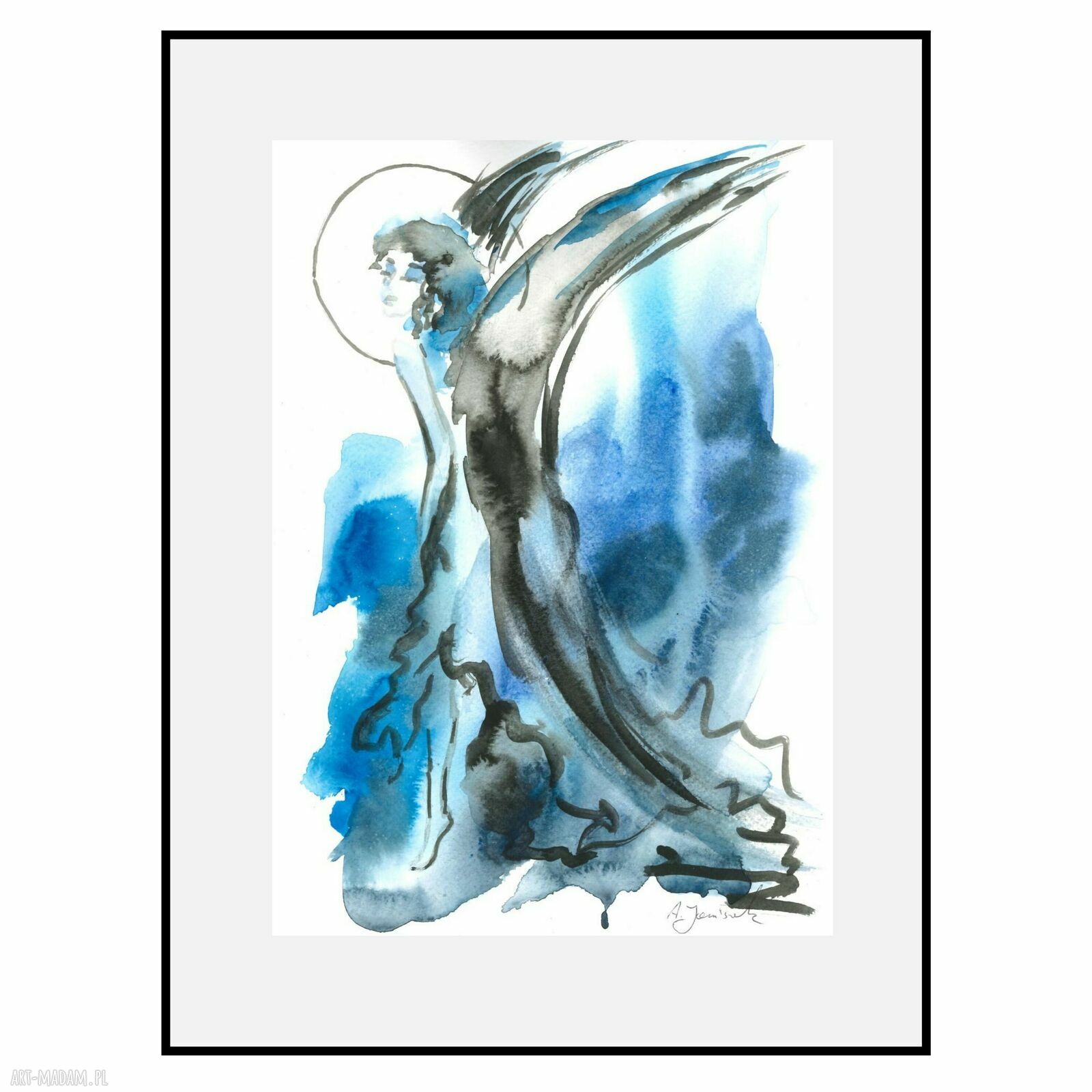 Skrzydlate z błękitu - anielska grafika ręcznie malowana akwarelą i tuszem 30x21 cm
