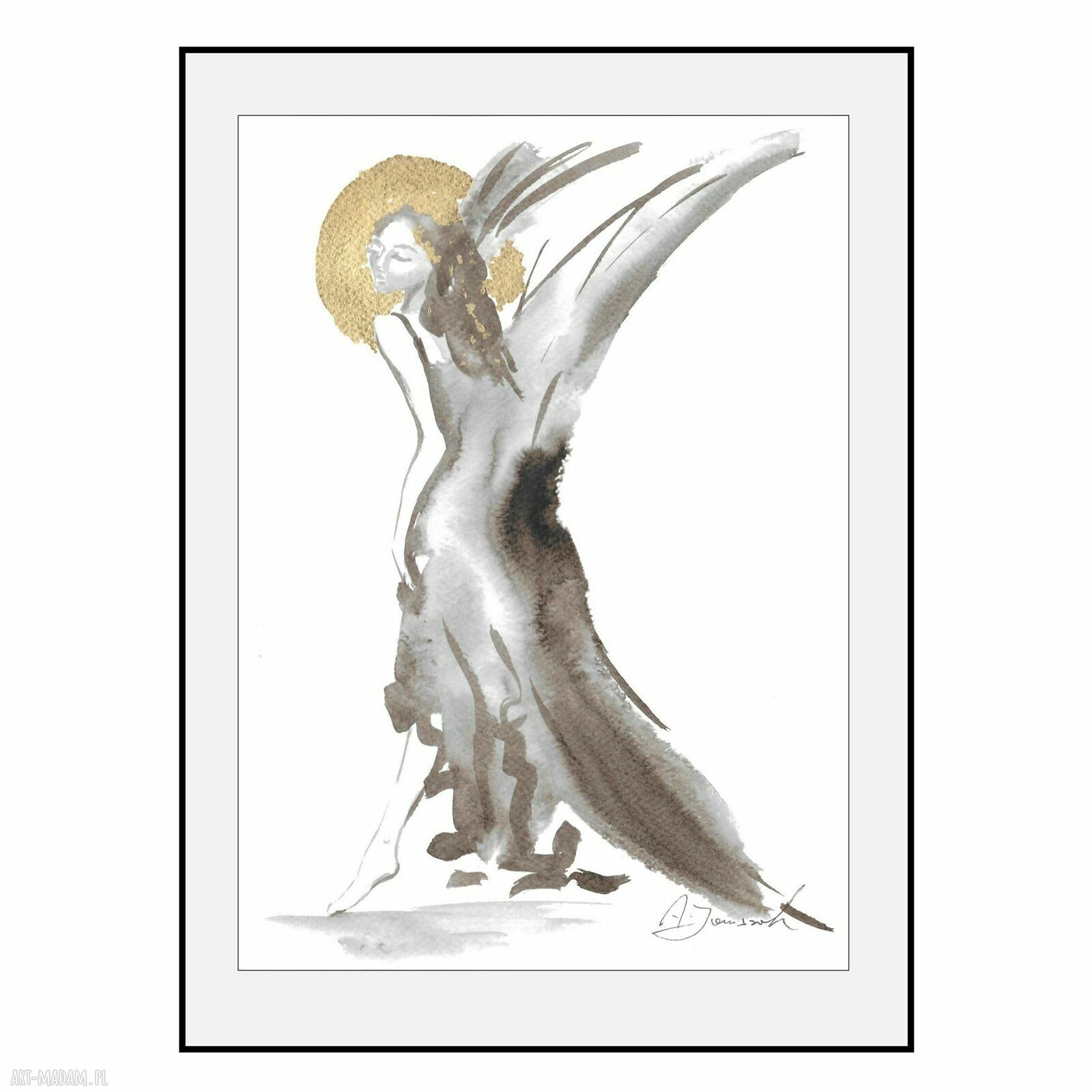 „Skrzydlaty ze złotem” - ręcznie malowana grafika anioł 30 x 21 cm