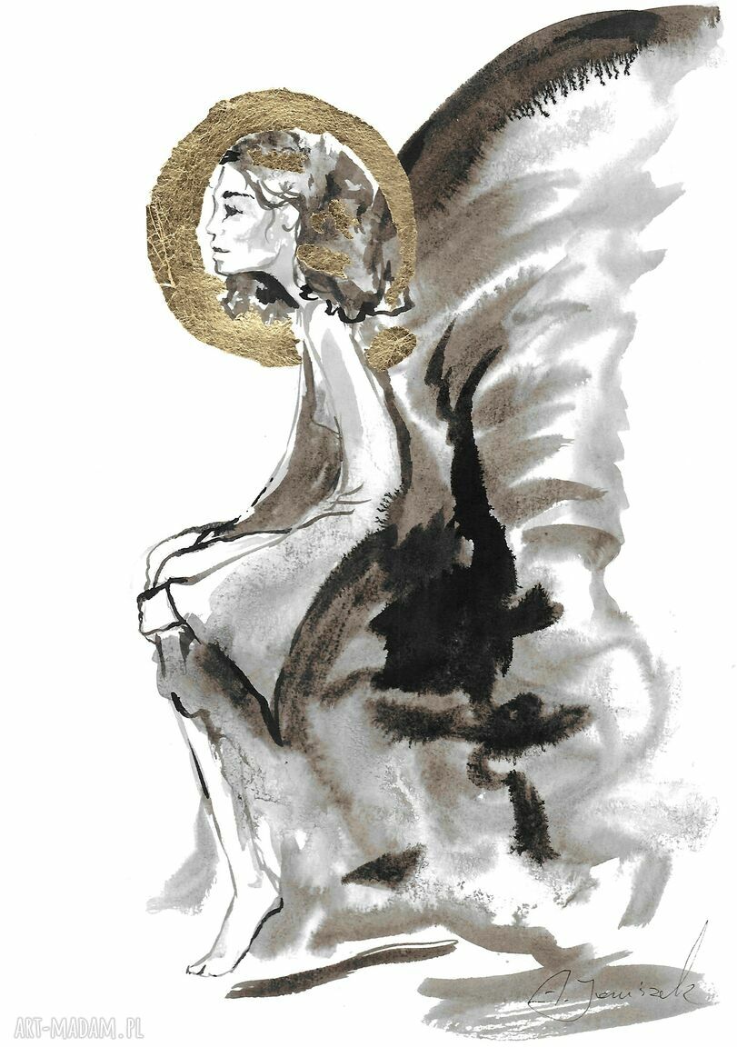 Skrzydlaty ze złotem - anielska grafika ręcznie malowana i złocona 30x21 cm