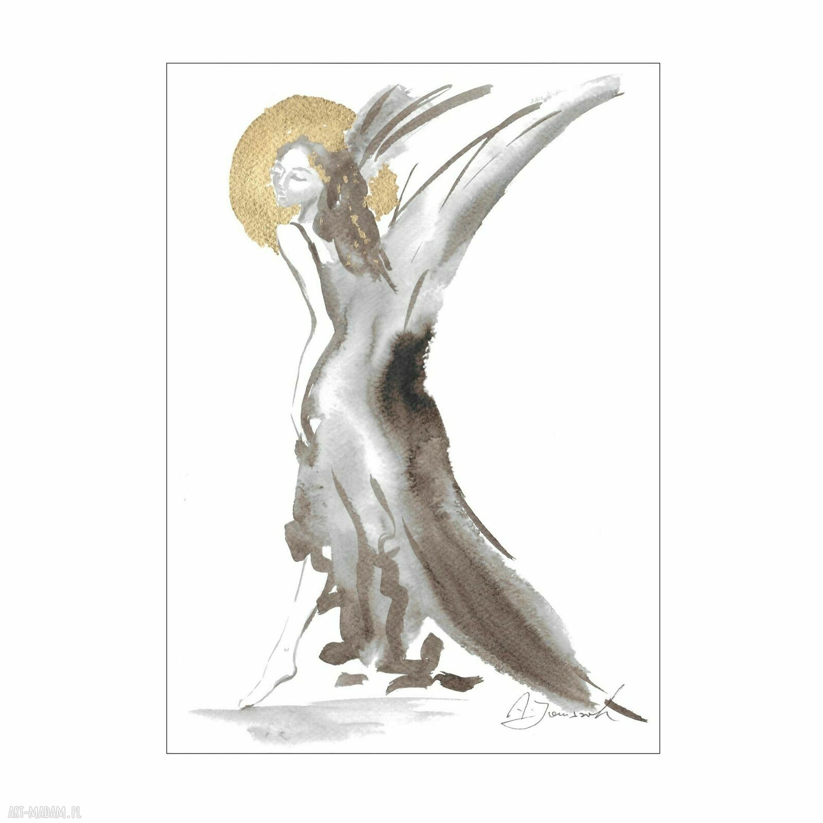 „Skrzydlaty ze złotem” - ręcznie malowana grafika anioł 30 x 21 cm