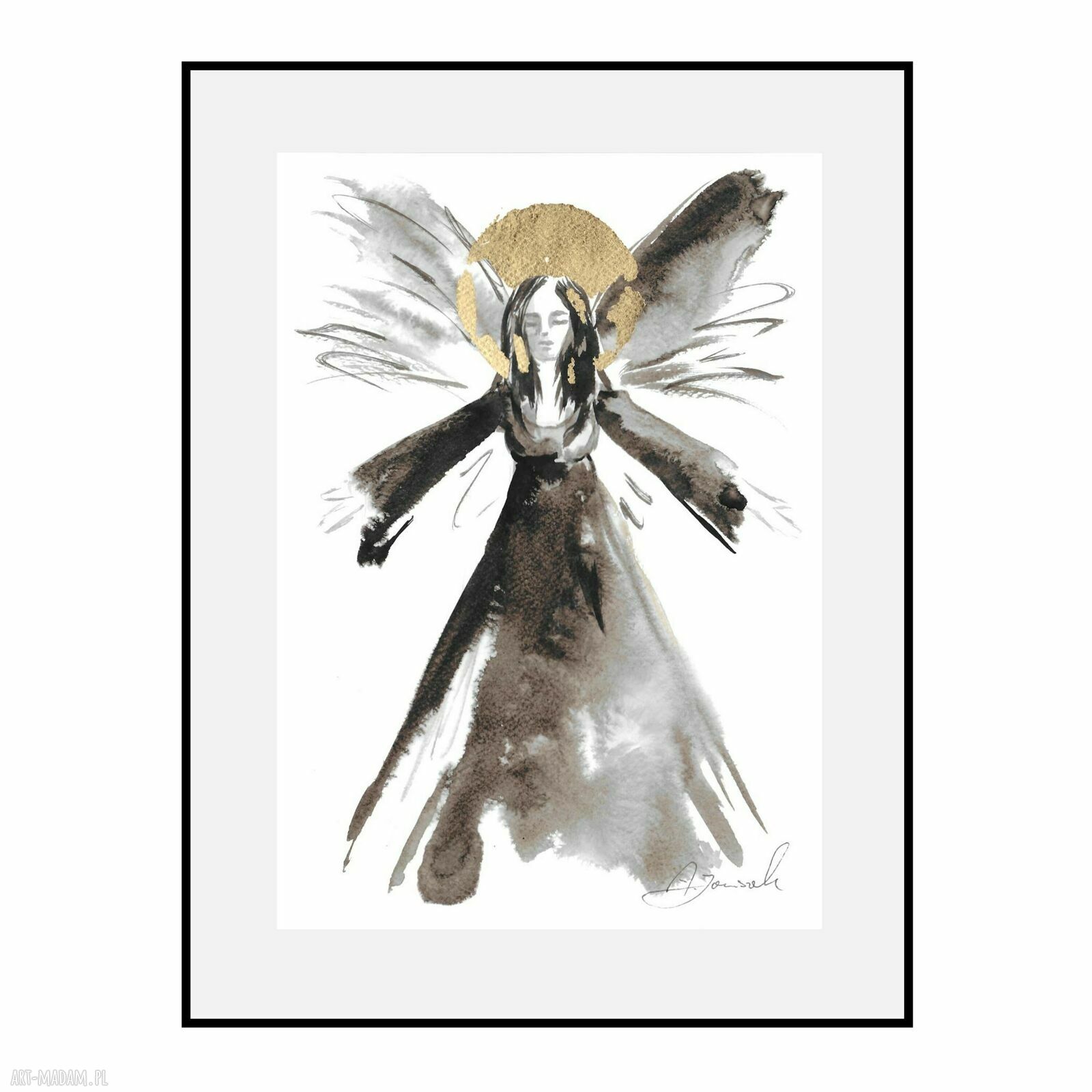 Anioł w złotej aureoli - ręcznie tworzona grafika 30x21 cm