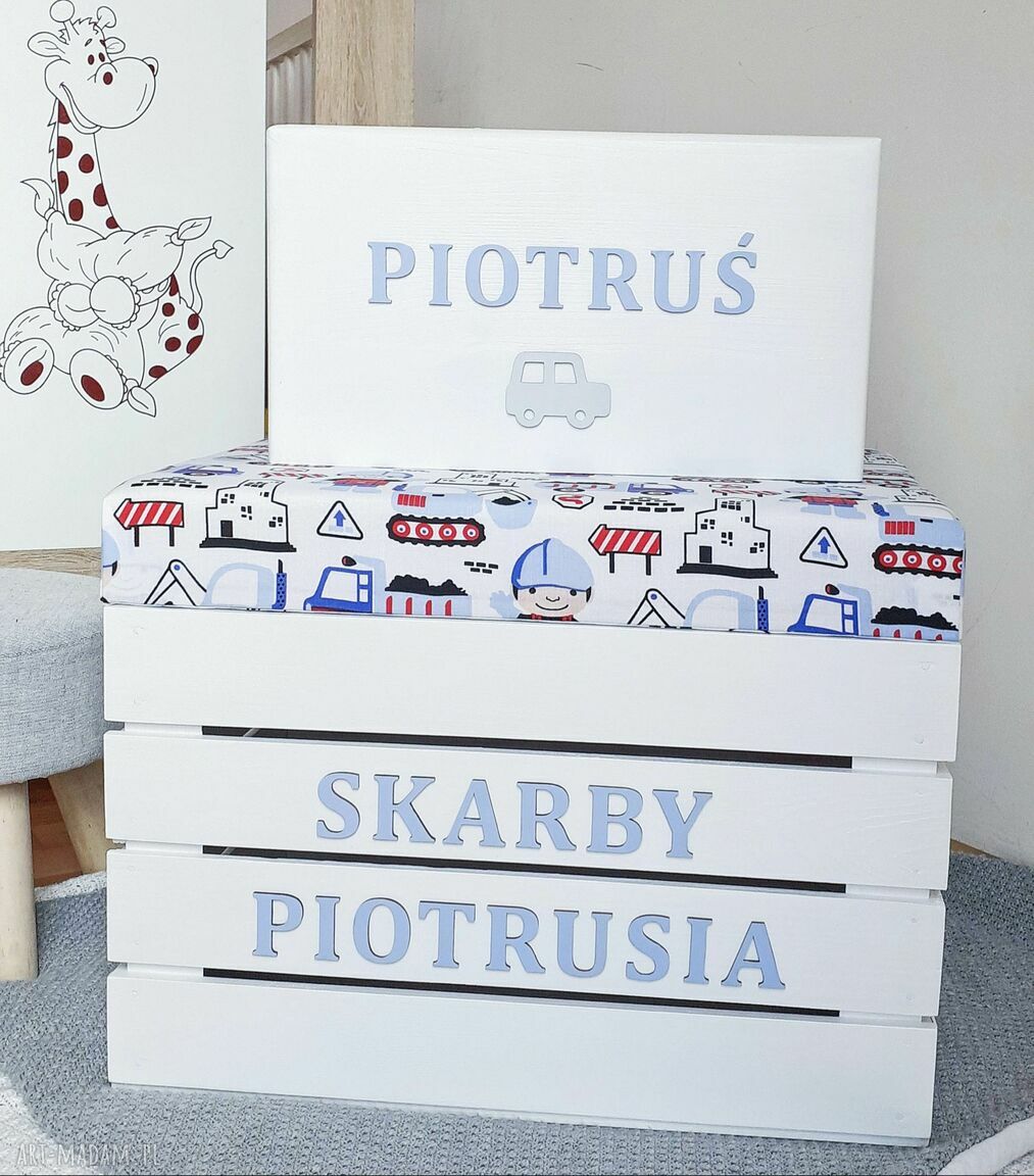Personalizowana skrzynia na zabawki Bob Budowniczy - prezent na roczek i chrzest