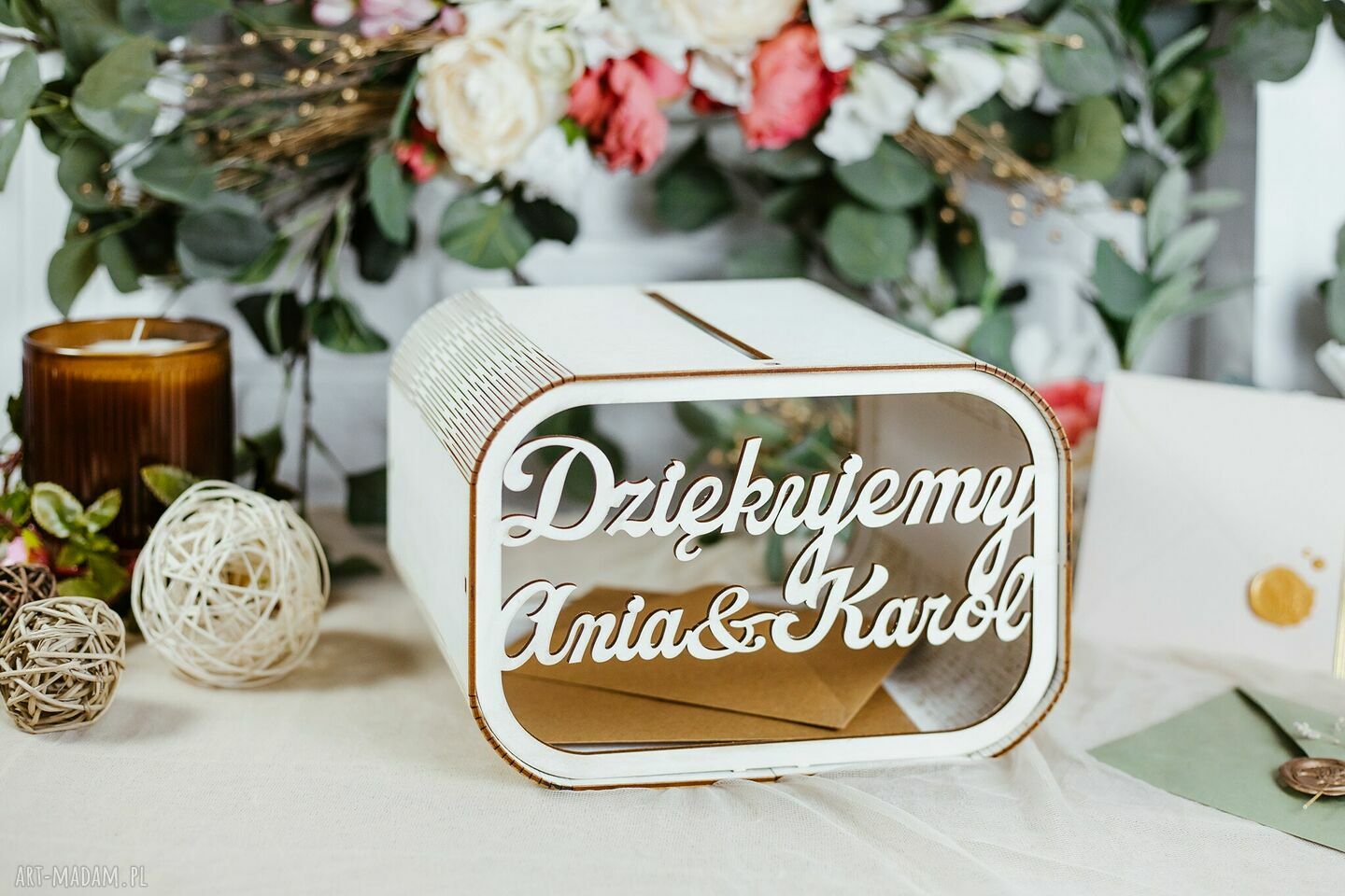 Skrzynka na koperty ślubne i pudełko na życzenia - personalizowane boho