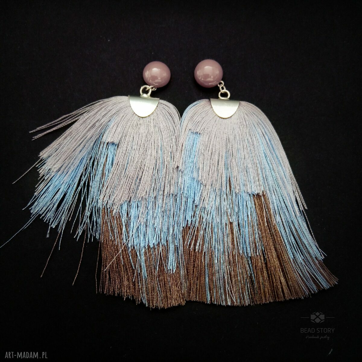 Kolczyki boho Ślad Pędzla w jasnej lawendzie, błękicie i beżu (10 cm)