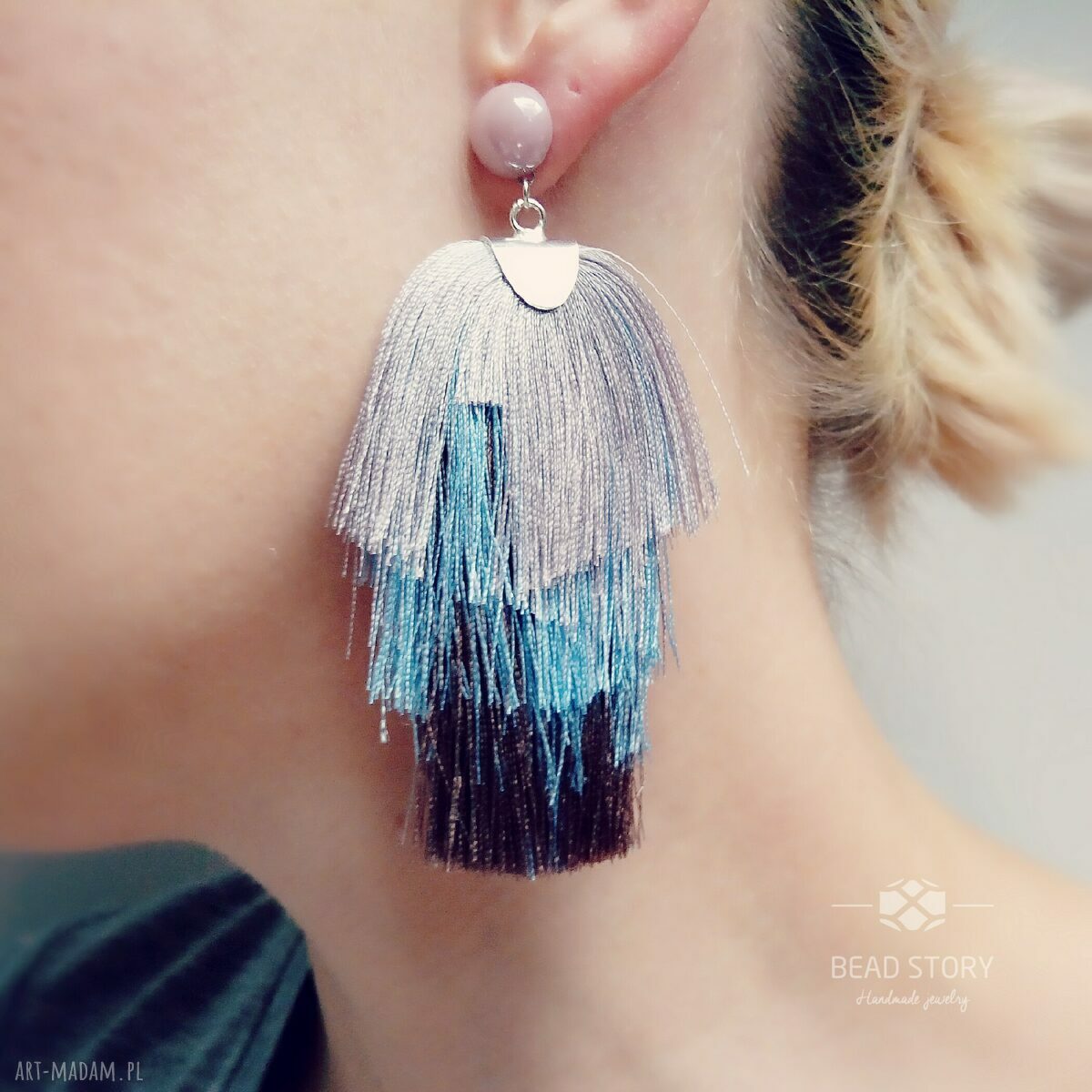 Kolczyki boho Ślad Pędzla w jasnej lawendzie, błękicie i beżu (10 cm)