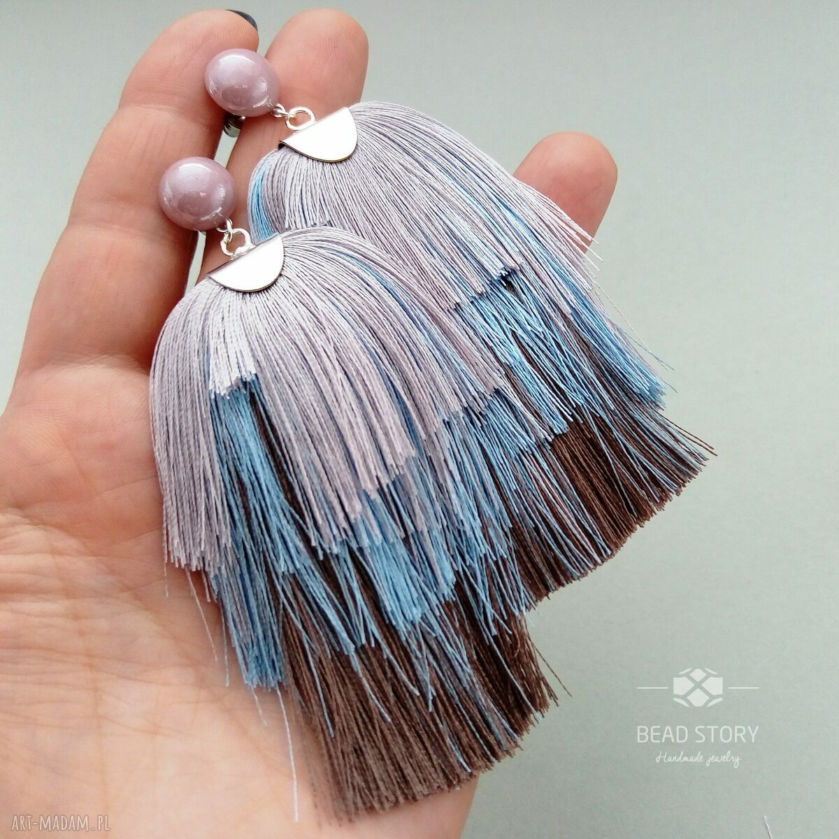 Kolczyki boho Ślad Pędzla w jasnej lawendzie, błękicie i beżu (10 cm)