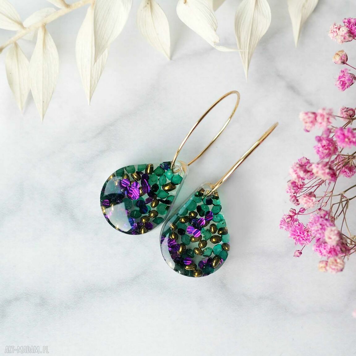 Śliczne kolczyki z żywicy i stali chirurgicznej - łezki handmade