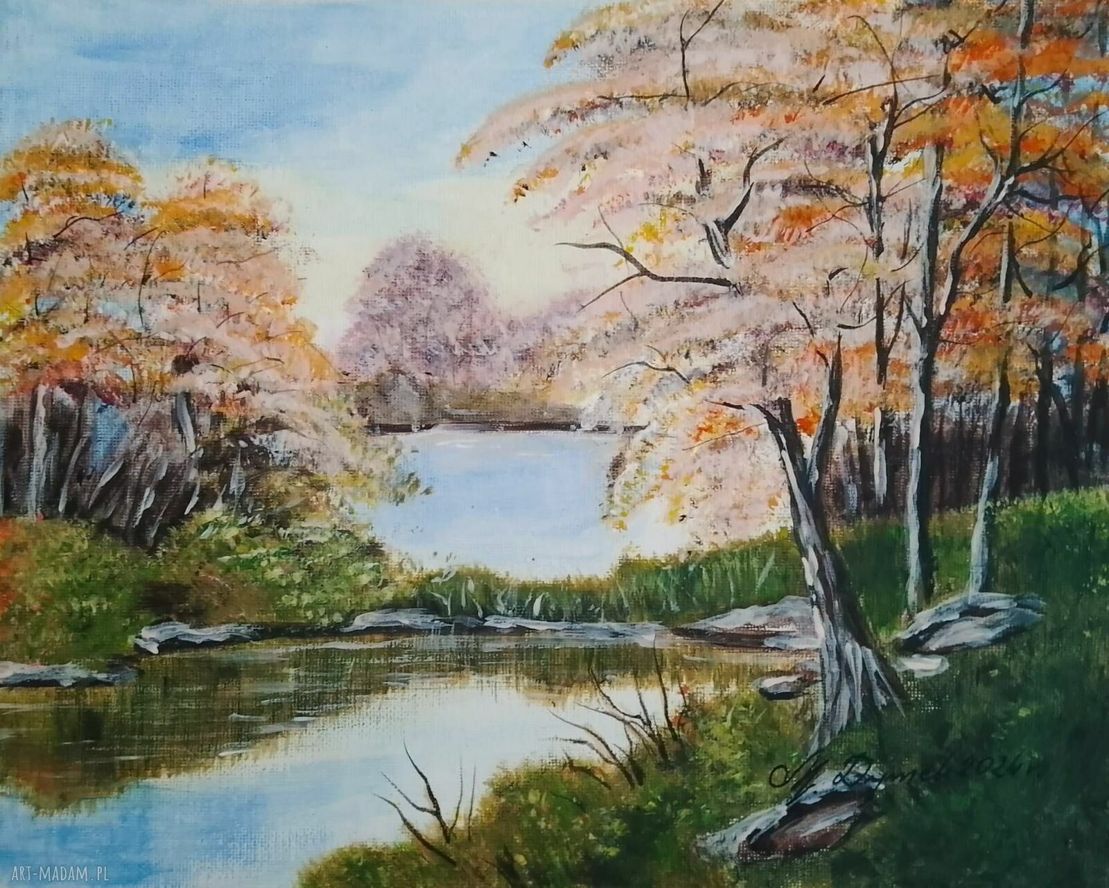 Ręcznie malowany obraz akrylowy „W liliowym pomarańczu” - polski pejzaż 24x30 cm
